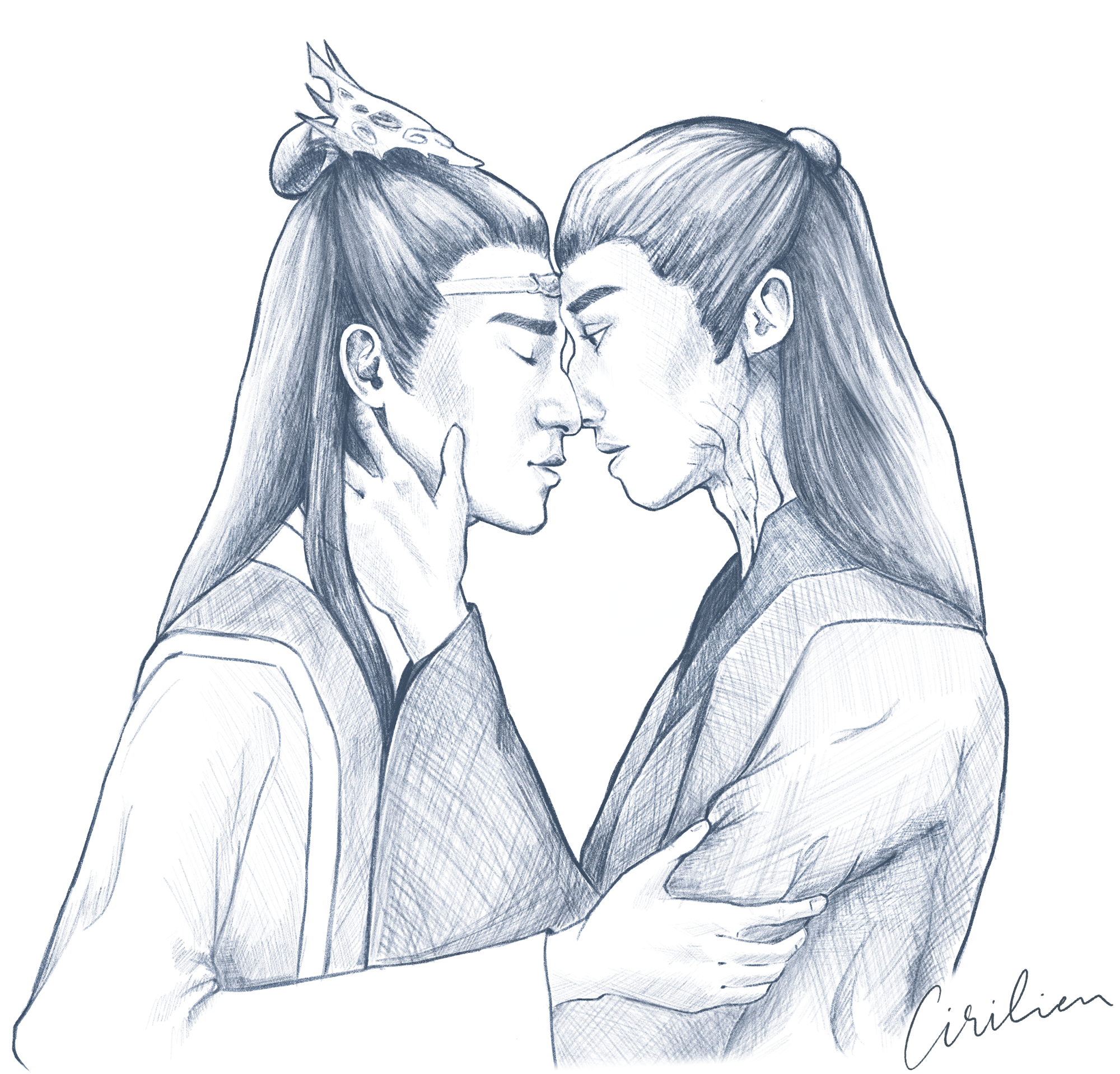 A drawing of Lan Xichen and Song Lan with their faces close enough to kiss. Song Lan has his hand on Lan Xichen's face, and Lan Xichen is gripping Song Lan's arm with his eyes closed.